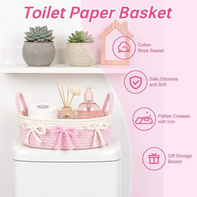Toilet Bow Paper Basket–Woven Rope Pink Bow Decorative Bathroom Decor