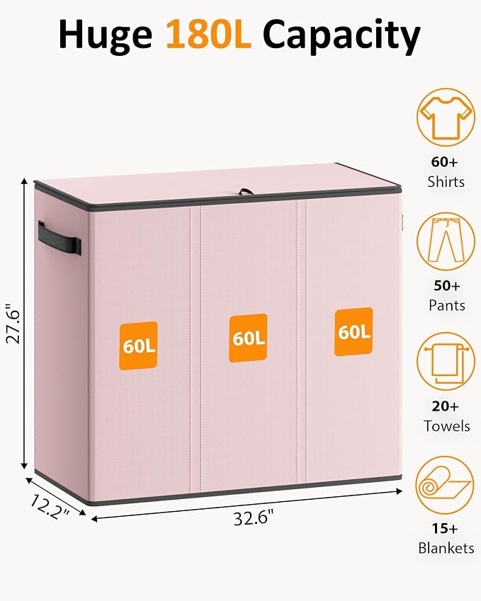 Optish 180L Laundry Hamper 3 Section, Large Hamper with Mesh Bags & Lid | Detachable 3 Inner Bags, Extra Large Laundry Basket Organizer for lots of Clothes, Pants, Bedroom, Bathroom, Load 50 lbs