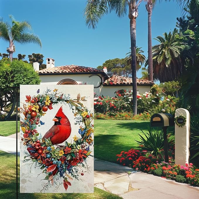 Spring Summer Cardinal Bird Garden Flag 12x18 Inch Double Sided, Welcome Yard Decor, Farmhouse Outdoor Flag for Lawn Patio Porch