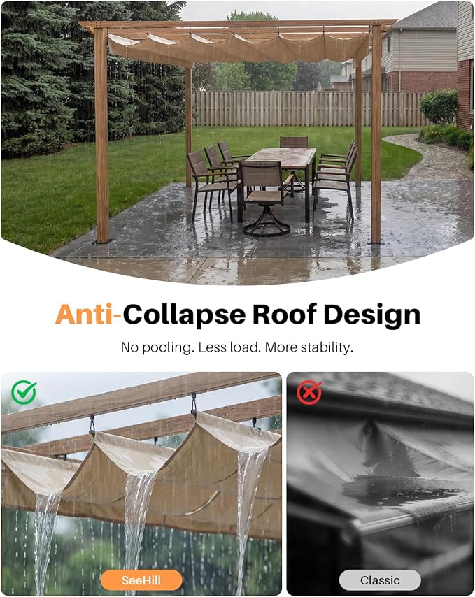 10' X 13' Outdoor Pergola with Retractable Canopy, Wood-Grain Aluminum Outdoor Retractable Pergola Canopy with Sun Shade Shelter, Modern Yard Grape Trellis Pergola for Deck Garden Lawn, Beige