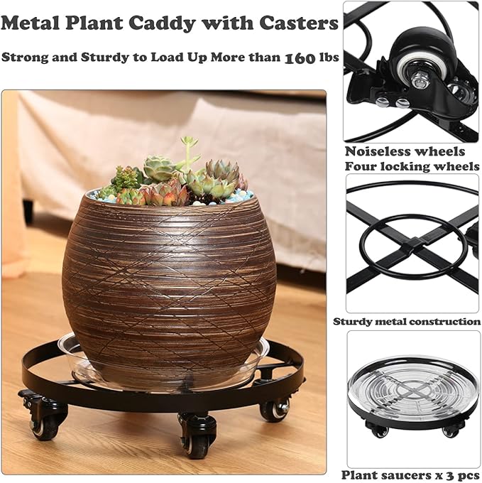 3 Packs Metal Plant Caddy 10.6 Inches Plant Dolly Coasters with Wheels Heavy Duty Rolling Plant Stand with Casters for Indoor Outdoor Flower Pot Mover Rollers Black, Plastic Saucers Included