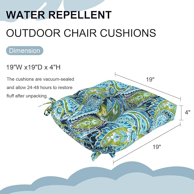 DYTXIII Set of 2 Outdoor Chair Cushions 19"x19"x4", Water Repellent Tufted Patio Seat Cushions with Ties, Thick Replacement Pads for Wicker Dining Chairs, Patio Furniture, Paisley Lapis Green