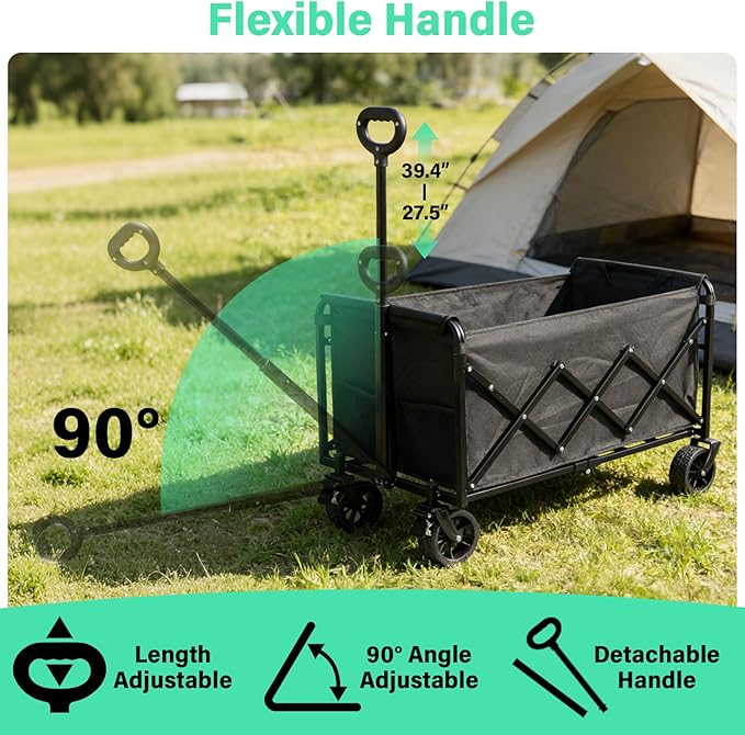 Folding Wagon Cart with All-Terrain Wheels – Heavy Duty Collapsible Utility Wagon for Grocery, Sports, Garden, Camping, Shopping (Black 500LBS)