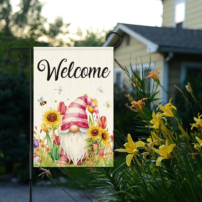 Welcome Flags for Outside,Spring Floral Gnome Garden Flag for Yard Patio Lawn Decoration,12x18 Inch Double Sided