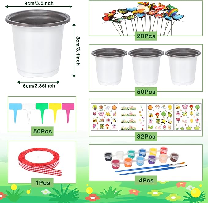 Garden Plastic Pot Craft Kit 50 Nursery Pots with 32 Stickers 50 Plant Labels 4 Painting Tools and 1 Ribbon for Mother's Day Flower Plant Spring Graduation DIY Crafts Painting Gardening Growing Tools