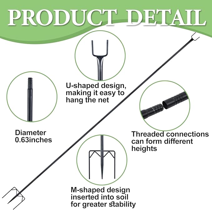6 Pack 7.2ft Metal Garden Netting Support Stakes, Heavy Duty Garden Netting Pole with 50 Tie Rustproof Gardening Fence Stake Crop Cage Protection Post Frame for Support Fruits Garden Bed Plant Net
