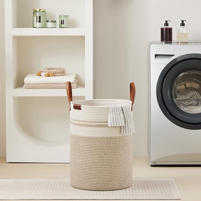 VIPOSCO 58L Tall Woven Rope Laundry Hamper, Leather Handles, Brown & White | Large Wicker Laundry Basket for Dirty Clothes, Blanket, Toy, Towel, Yoga Mat, Storage Bin in Bedroom, Bathroom, Living Room