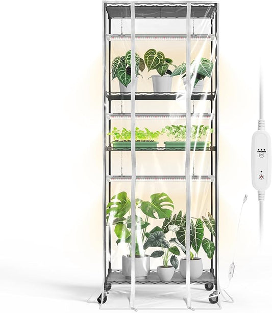 Bstrip Indoor Greenhouse with Grow Light, 23.5"x13.8"x59" Portable Metal Greenhouse Shelves with T8 2FT Full Spectrum Grow Light & Timer, Adjustable Plant Stand for Indoor Plant, Spring Seed Starting