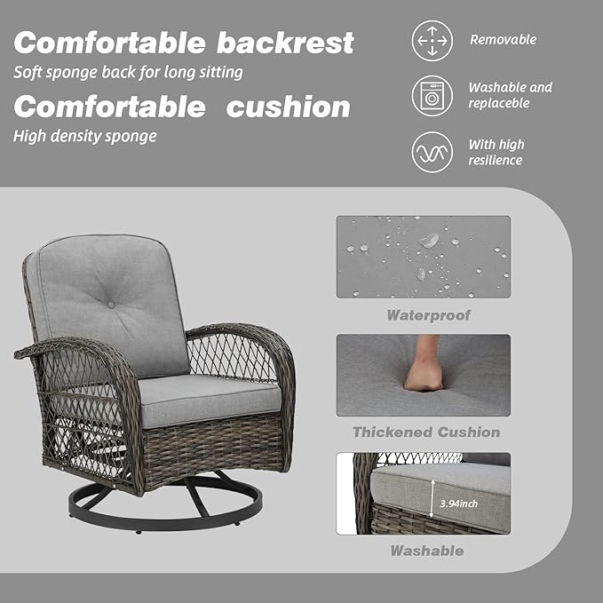 MELLCOM 3 Pieces Patio Furniture Set, Outdoor Swivel Rocker Patio Chairs, Wicker Patio Bistro Set with Rocking Chair, Thickened Cushions and Glass Coffee Table for Backyard, Garden, Grey