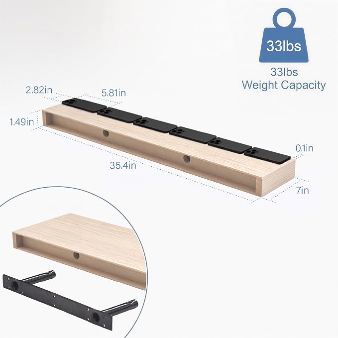 Oak Long Floating Shelves, 36 Inch Wooden Bathroom Shelf Set of 2 | Books & Decor Display Shelves, Wall Mounted, Easy Install, Easy-Clean, 33lbs Max Load, Hidden Brackets, Bedroom Living Room