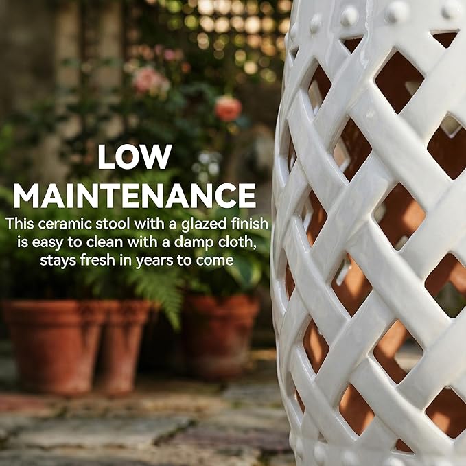 Outsunny 13" x 18" Ceramic Garden Stool with Woven Lattice Design & Glazed Strong Materials Decorative Outdoor Stool, White