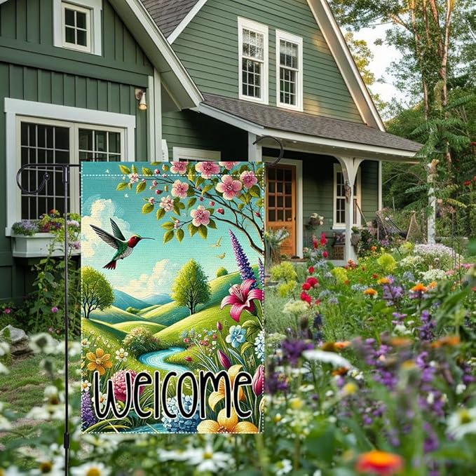 Hummingbird Spring Flowers Garden Flag 12x18 Inch Double Sided Burlap Colorful Floral Small Yard Outdoor Lawn Rustic Farmhouse Spring Decor