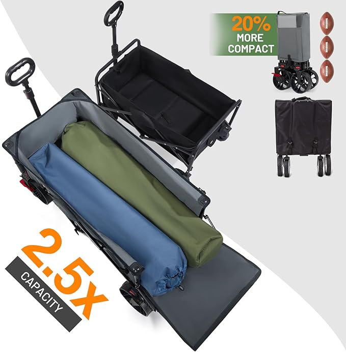 Timber Ridge 47" L Collapsible Folding Wagon with Tailgate, 300 lbs Heavy Duty Beach Wagon with All-Terrain Big Wheels, 250L Foldable Utility Cart for Sand Camping Sports Shopping, Grey