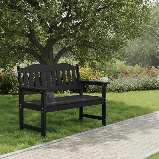 GarveeLife 2-Person Poly Lumber Garden Bench, Slatted Patio Loveseat, Weather-Resistant Outdoor Seating for Yard, Garden, Porch, Park or Backyard, Black