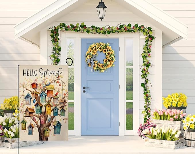 BLKWHT Spring Bird Garden Flag 12x18 Vertical Double Sided Floral Tree Farmhouse Holiday Outside Decorations Burlap Yard Flag BW578