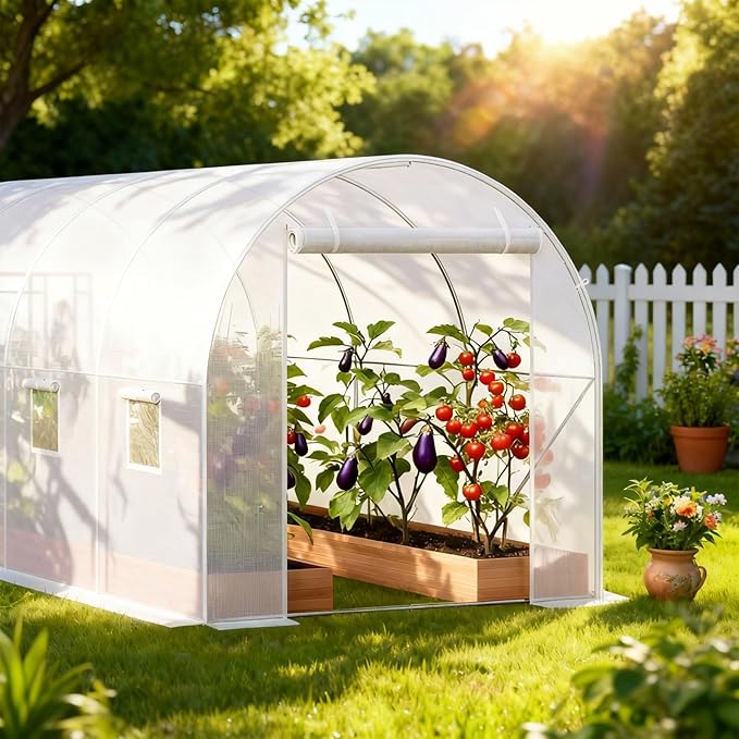 Premium 14.6x6.4x6.3 Ft Greenhouse for Outdoors, Large Walk-in Heavy Duty Galvanized Steel Frame, Mesh Door Screen Window Tunnel Hoop Garden Plant Winter Hot House for Backyard Plants Shed White