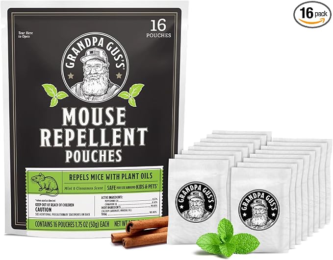 Grandpa Gus's Mouse Repellent Pouches, Natural Peppermint Oil, 16 Pouches | Cinnamon & Peppermint Oil Helps Repel Mice from Nesting in Home/Cabin/Boat/Car Storage/RV/Machinery/Shed, Kid & Pet Safe