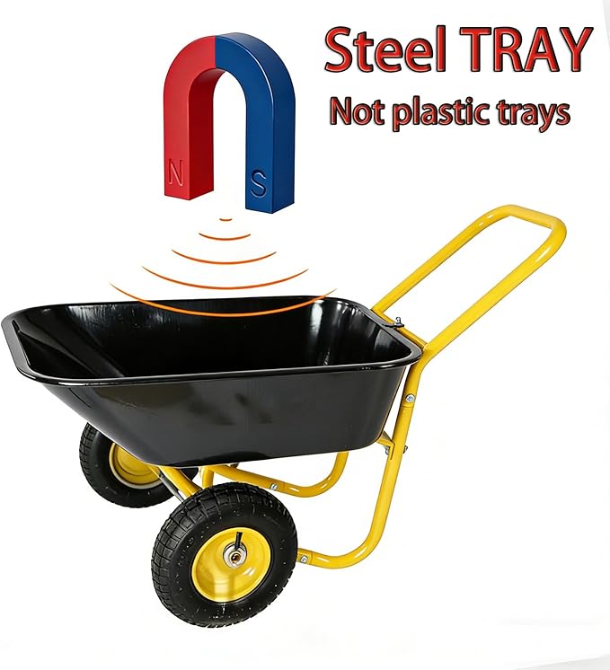 Dual Wheel Garden Wheelbarrow, 35L Heavy Duty Dual Wheel Yard Cart with 10" Pneumatic Tires, Leak-Proof No-Hole Design, Black ABS+Steel Frame for Garden, Yard & Construction (Black)