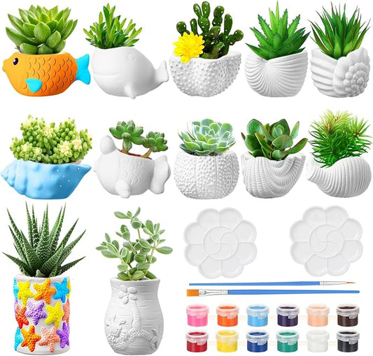 Hushee 12 Sets Ceramic Succulent Planters Paintable Succulent Plant Pots Small DIY Figurines Unpainted Pots with Drainage Hole Color Paints Paintbrushes Palettes