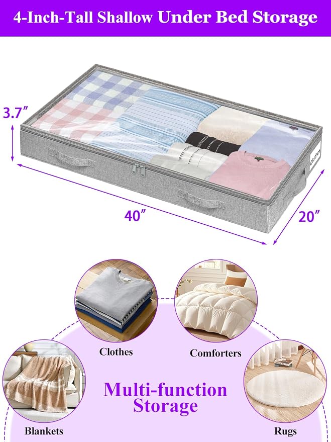 4-in Low Profile Under Bed Storage, No Structure, 2-Pack, Gray