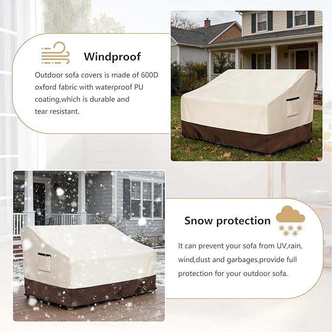 3-Seater Patio Sofa Cover, 600D Heavy Duty Waterproof Outdoor Sofa Covers, 79 W x 38 D x 35 H Inches Outdoor Couch Cover, Patio Furniture Covers, Lvory&Brown
