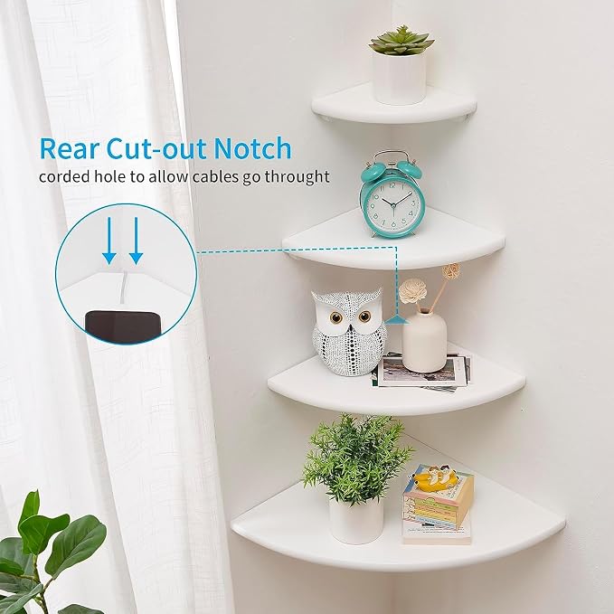 Corner Shelves, White Floating Corner Shelf, Set of 2 12inch Solid Oak Wood Wall Shelves, Round End Wall Mount with Wire Hole for Small Plant for Bedroom Kitchen, Living Room