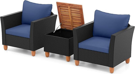 Tangkula 3 Pieces Patio Porch Furniture Set, PE Rattan Wicker Chair Conversation Set with Cushions and Storage Table, Outdoor Acacia Wood Bistro Set for Garden, Poolside