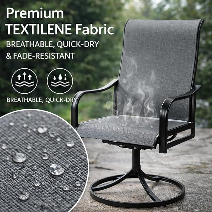 Kozyard Patio Swivel Dining Chairs Set of 2, 360 Swivel Rock Chairs Textilene High Back and Wrought Iron Frame for Poolside Backyard Deck Lawn Garden (Gray, Swivel)
