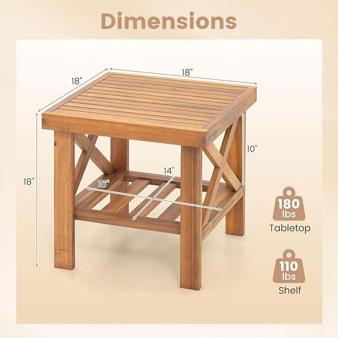 Tangkula Outdoor Side Table, 2-Tier Acacia Wood Adirondack Bistro Table with Slatted Tabletop & Storage Shelf, Small Square Patio Table for Yard, Deck, Garden, Poolside (1)