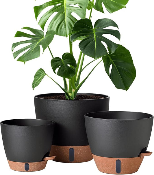 montresor 12/10/8 Inch Self Watering Pots for Indoor Plants Plastic Large Plant Pots for Outdoor Plants, Water Level Window & Spacious Reservoir Flower Pots Decorative Planter with Drainage and Tray