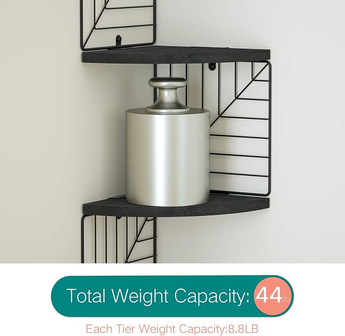 Love-KANKEI Corner Wall Shelf 5 Tier,Solid Wood/Metal Bracket,51"Tall,Black