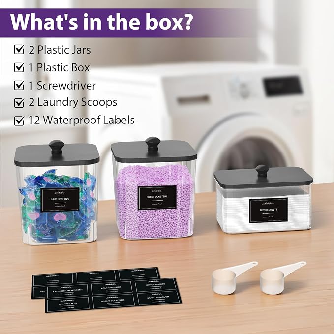 COAZEX 2+1 Pack Clear Laundry Pods Container & Dryer Sheet Holder Black Lid | Laundry Organization, Square Design,2 Scoops & 12 Labels, For Detergent Powder, Laundry Pods, Dryer Sheets, Wide Mouth