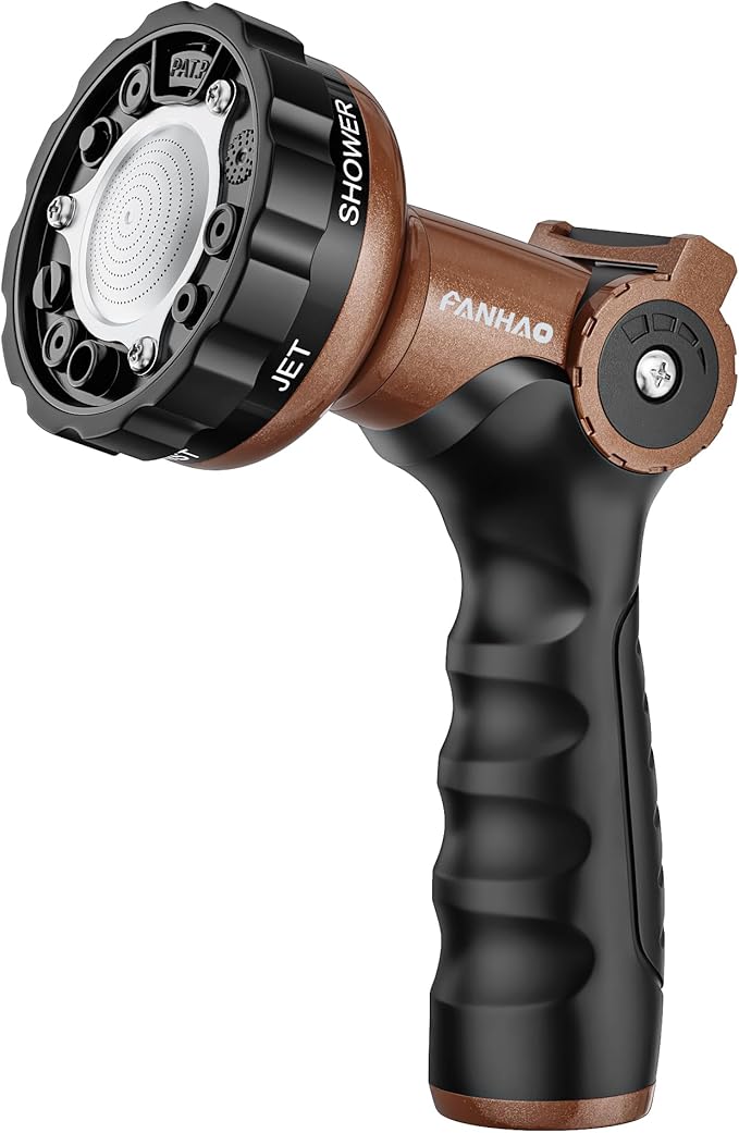 FANHAO Heavy Duty Garden Hose Nozzle, Metal Water Hose Sprayer with 6 Adjustable Patterns, High Pressure Water Nozzle with Thumb Control, On Off Valve for Car Washing, Garden & Pets Showering