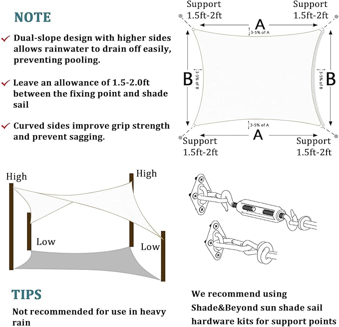 Shade&Beyond Custom 4'x10' Sun Shade Sail Canopy Rectangle UV Block Breathable Curved Sunshade for Backyard Yard Deck Outdoor Facility and Activities, White (We Make Custom Size)
