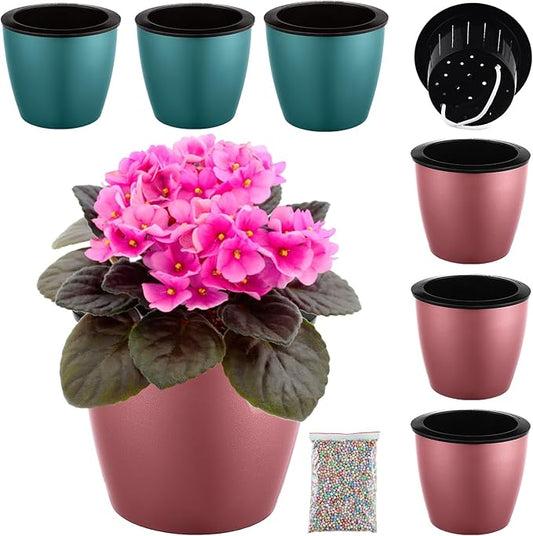 Planterhoma 6.7 Inch Self Watering Pots for Indoor Plants, 6 Packs African Violet Pots, Black Wick Pot with Drainage Holes, Self Watering Planters for Orchid, Devil's Ivy, Blue/Rose Gold