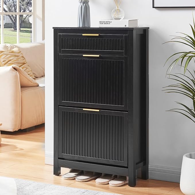 2-Flip Drawer Shoe Cabinet Narrow Entryway Rack, Black