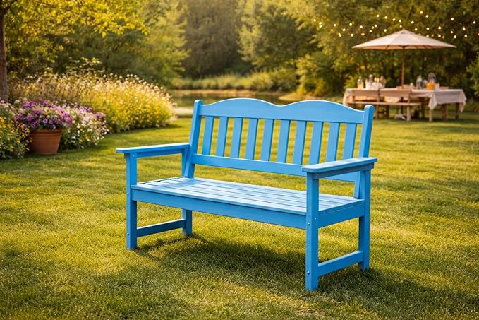 GarveeLife 2-Person Poly Lumber Garden Bench, Slatted Patio Loveseat, Weather-Resistant Outdoor Seating for Yard, Garden, Porch, Park or Backyard, Blue