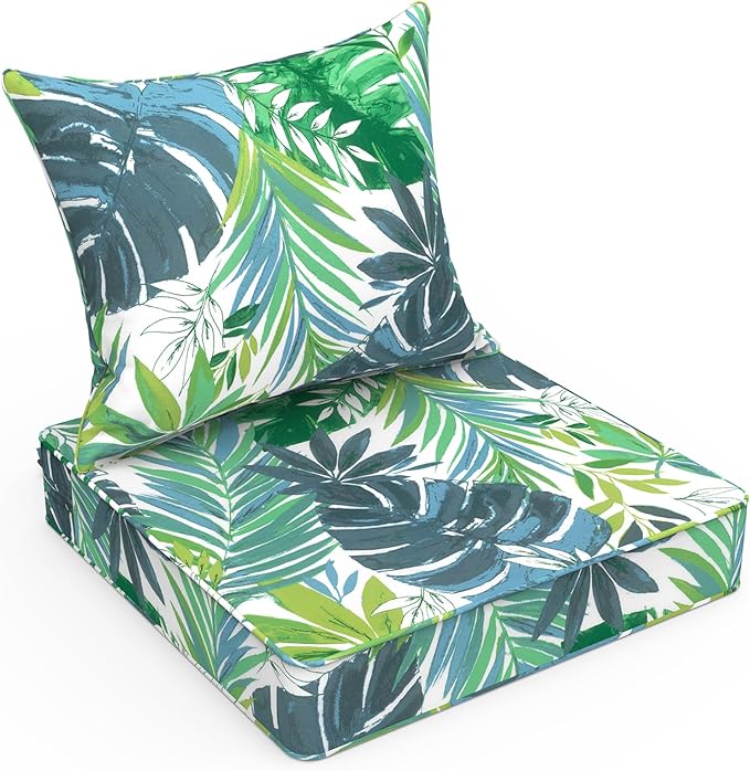 LVTXIII Outdoor Deep Seat Cushion Patio Seat and Back Cushion Set Seasonal Chair Cushion for Dining Arm Chairs, Wicker Chairs and Garden Furniture Decoration, 22"x22"x4", Islamorada Blue Green