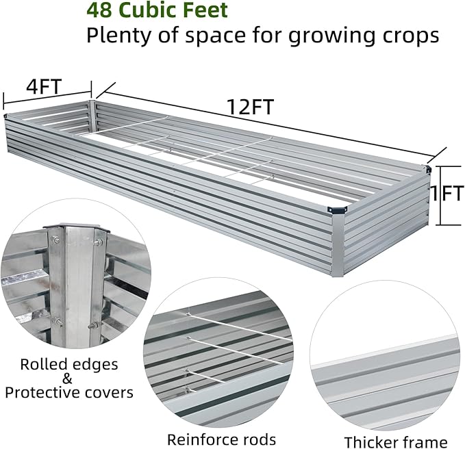 Meberam 2 Pack 12x4x1FT Galvanized Raised Garden Beds Kit Outdoor Metal Gardening Planter Box for Vegetable Elevated Flower Herbs,Silver