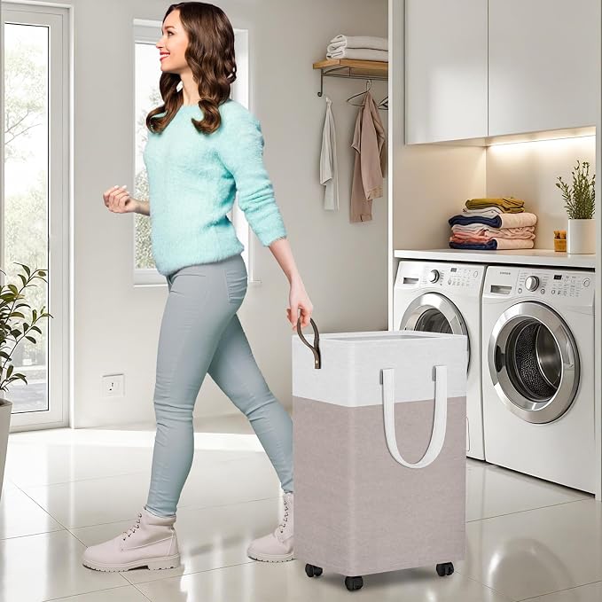 HomeHacks 75L Rolling Laundry Basket with 4 Wheels Collapsible Khaki | 4 Wheels, Waterproof PEVA Lining, Cotton Flax Fabric, Metal Frame, Bathroom Laundry Room Dorm Storage, Space-Saving Design