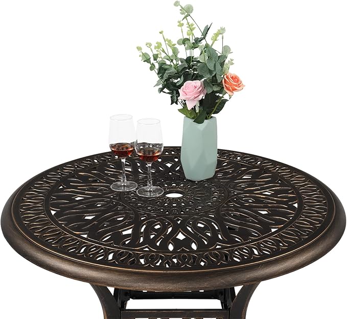 VINGLI 35" Patio Dining Table, Cast Aluminum Round Outdoor Dining Table with Umbrella Hole Outdoor Bar Table, Outdoor Bistro Table Outdoor Furniture Garden Table (35.4”Diax29.5”H)