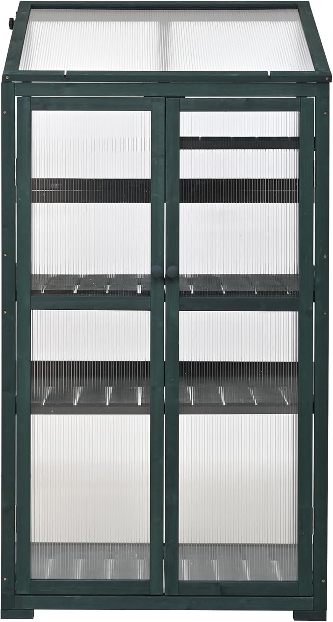 Merax 4-Tier Wooden Greenhouse with Wheels, Shelf & Ventilation, Outdoor Raised Planter Box with Drainage Design, Solid Fir Wood Cold Frame for Garden and Patio, Green