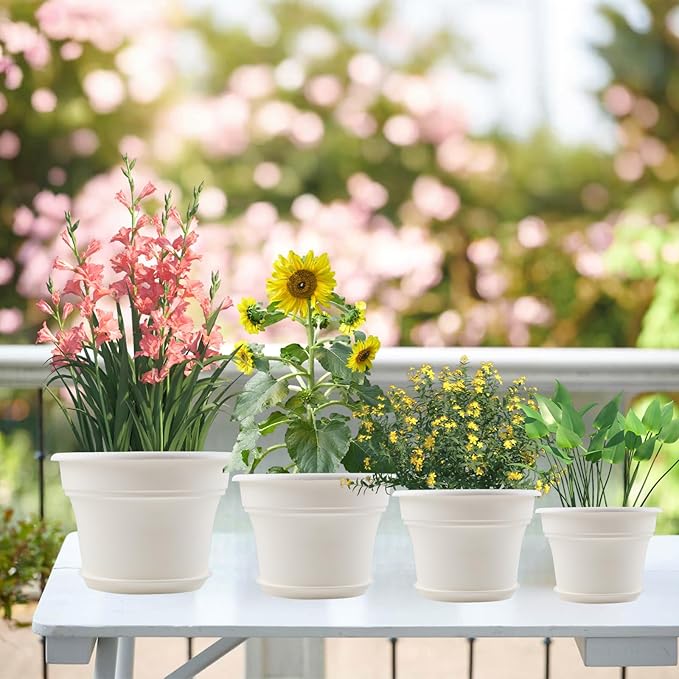 Pottiffe 16 inch Plastic-Flower-Pot-for-Indoor-Plants, 4 Pack Large Outdoor Planter Pot with Drainage Holes & Saucers, Resin Decorative Garden Pots Planters