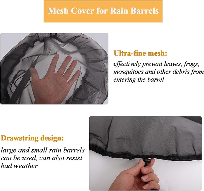 39’’ Mesh Cover for Rain Barrel with Drawstring 2 Pcs Water Collection Buckets Cover Rain Collection Barrels Netting Screen to Keep Leaves and Debris Out