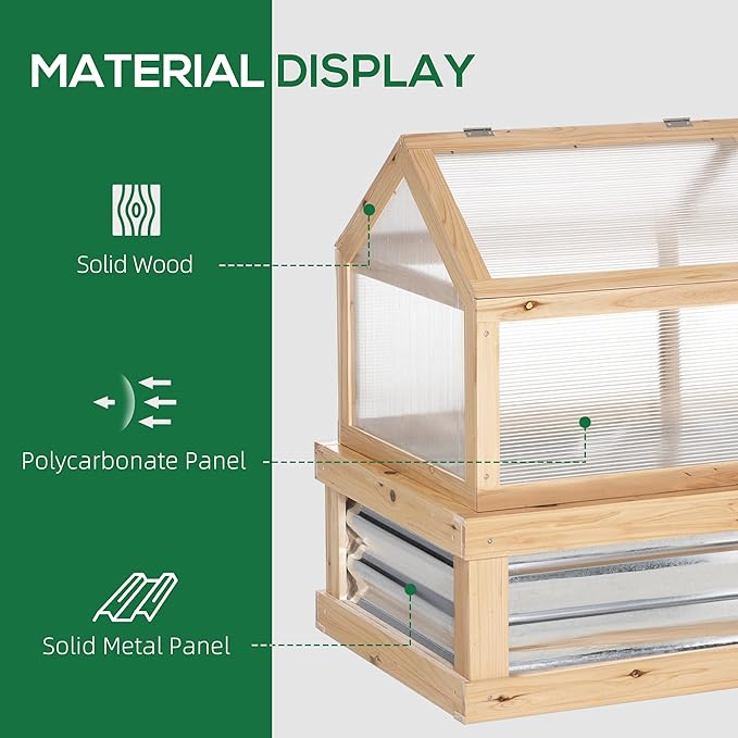 Raised Garden Bed with Polycarbonate Greenhouse, Wooden Garden Cold Frame Greenhouse, Flower Planter Protection, 48" x 24" x 32", Natural