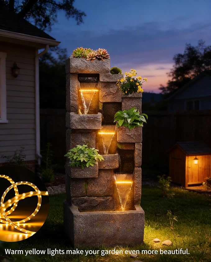 48.6" Water Fountain Outdoor Floor-Standing Garden Fountains with LED Lights 3 Tier Modern Waterfall Fountain Decor Rock Fountain for Patio Garden Yard Backyard Porch Home Art Decor, Yellow