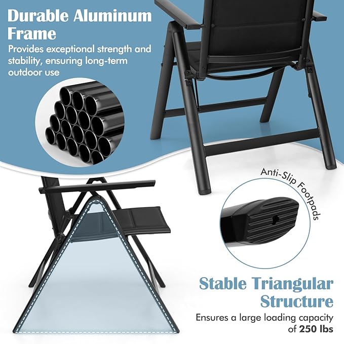 Tangkula Patio Folding Chair, Outdoor Dining Chairs with Soft Padded Seat, 7-Position Adjustable Backrest, Armrests, Portable Sling Reclining Chairs for Porch Pool Backyard Camping (1, Black)