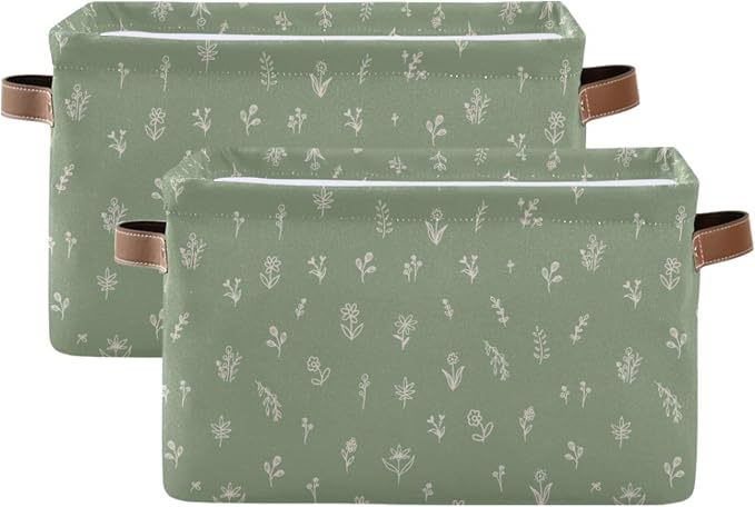Wamika Sage Green Leaves Storage Basket with Waterproof Liner and PU Handles Floral Doodle Pattern Storage Bins Boxes 14.2" Collapsible Decorative Organizer Baskets for Bedroom Closet Office 2 Pack