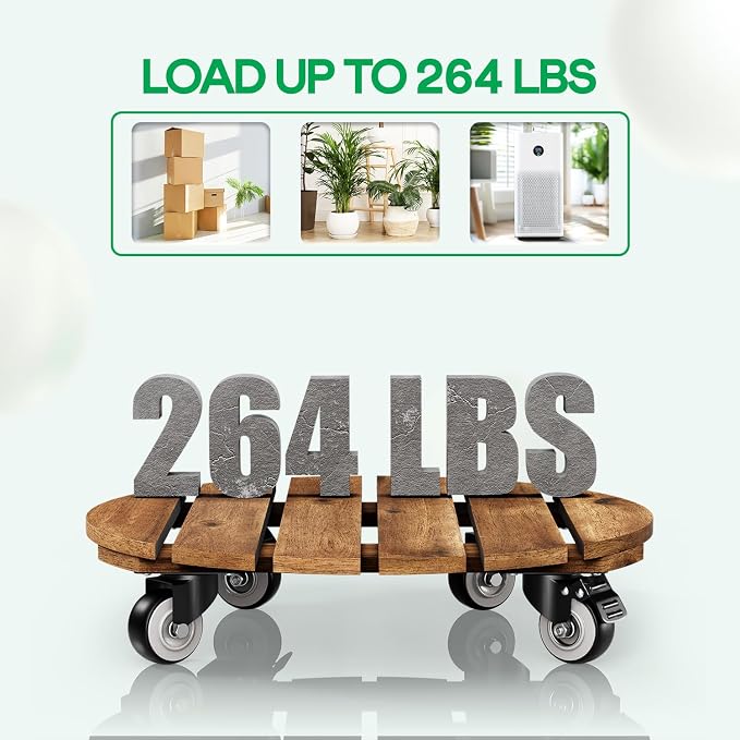 Combo 12 Inch and 14 Inch Acacia Wood Rolling Round Planter Caddies for Plant Pots, Heavy Duty Plant Stand with 360° Lockable Wheels, 264 lbs Capacity Caddy for Indoor and Outdoor Use, Golden Teak