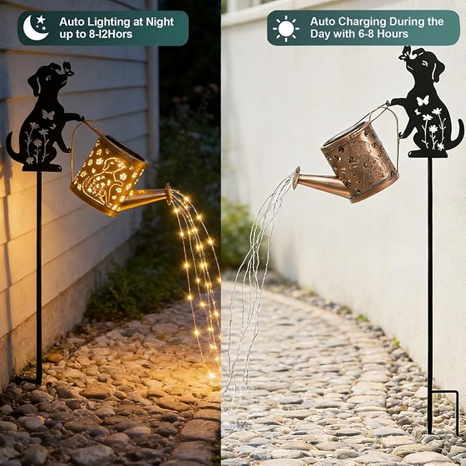 Outdoor Solar Dog Garden Decorative, 2 Pcs Solar Watering Can with Light, Featuring Metal Dog Statue Silhouette Stake, Day Gift for Women, for Outside Landscapes,Lawn, Garden Path Decoration